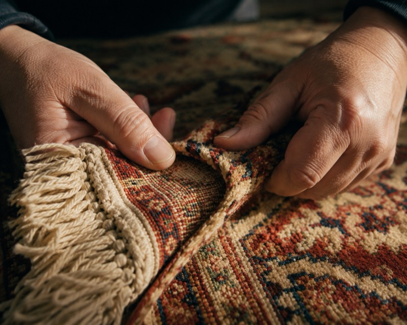Händer känner igenom luggen på en handknuten matta.
